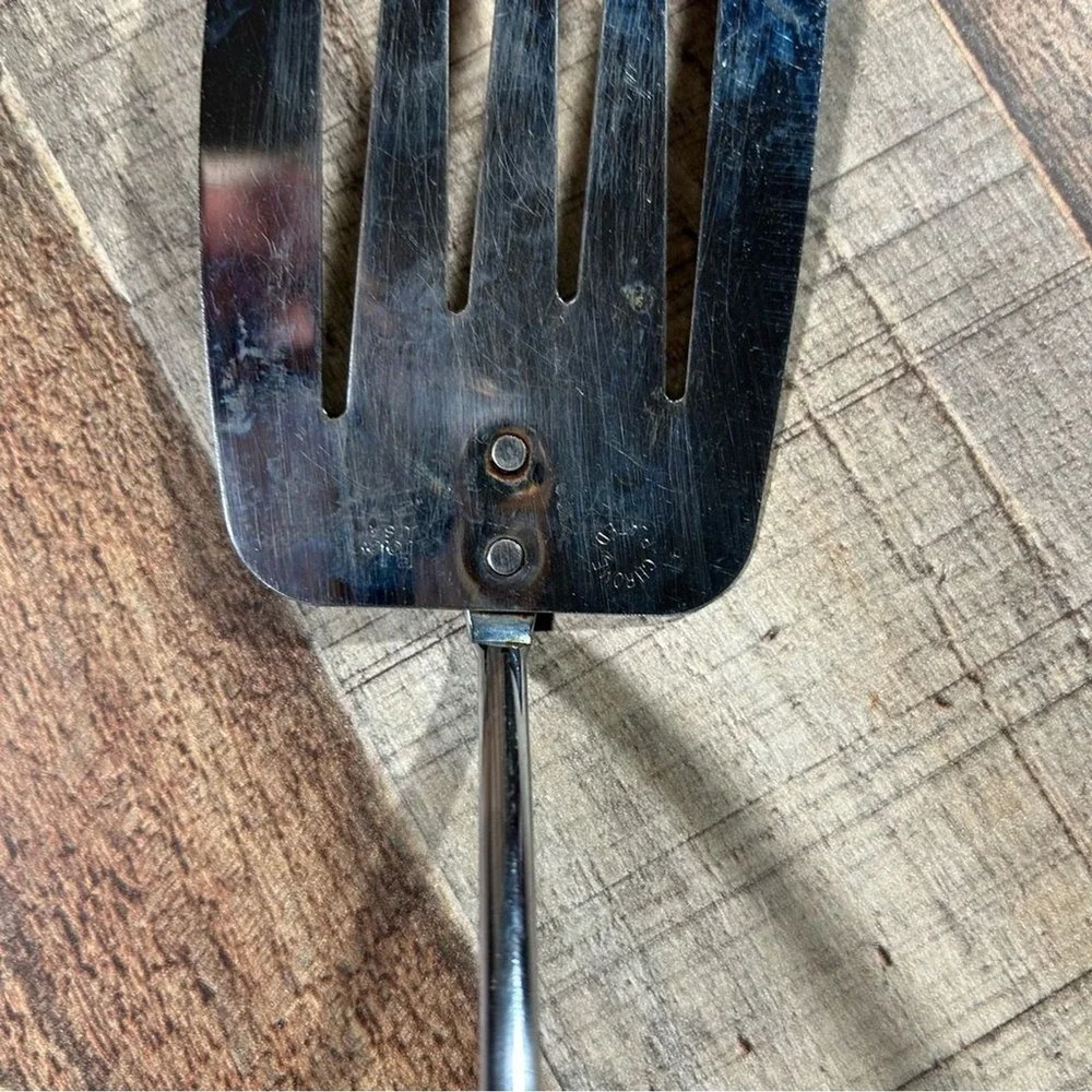 Vintage Foley USA Chrome Slotted Spatula Black Handle Mid Century 11.5